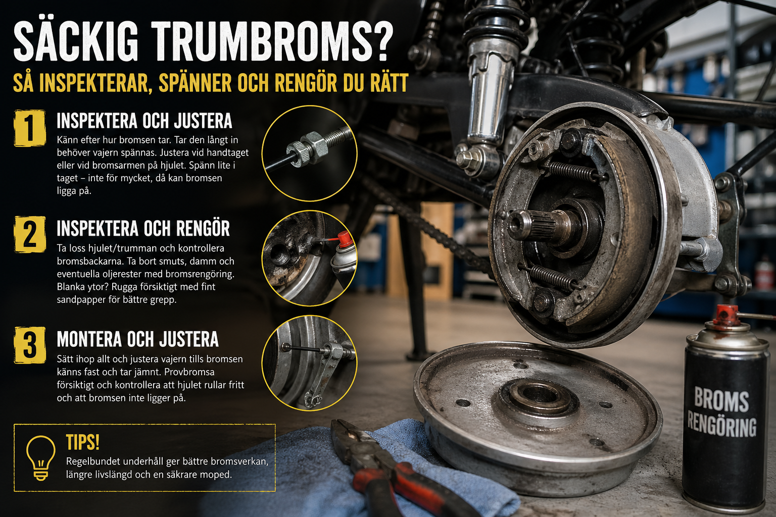 Spänna och inspektera trumbroms - Guide