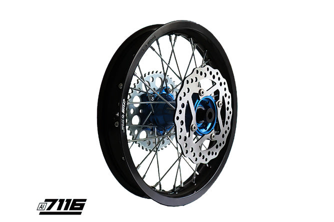 Bakhjul aluminium 1.85x14" - CNC nav blå med bromsskiva + kedjedrev YCF Factory Pit Bike