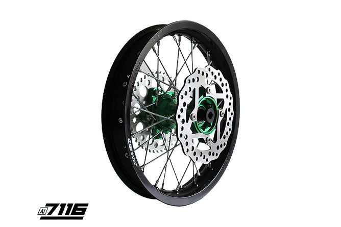 Bakhjul aluminium 1.85x14" - CNC nav grön med bromsskiva + kedjehjul YCF Factory Pit Bike