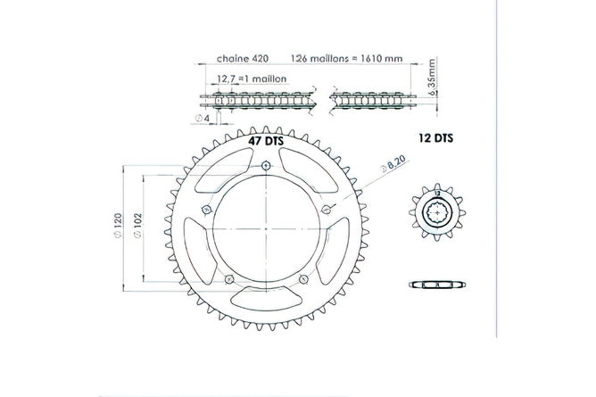 Kedjesats 12x47 (storlek=420) Aprilia RS 1999 - 2004 (AM6)