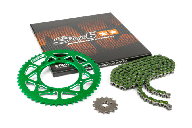 Kedjesats 14x53 - 420 Stage6 aluminium CNC grön Derbi DRD Pro