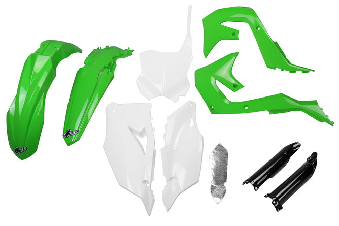 Plastkit med gaffelskydd Kawasaki KX efter 2019 UFO grön / vit